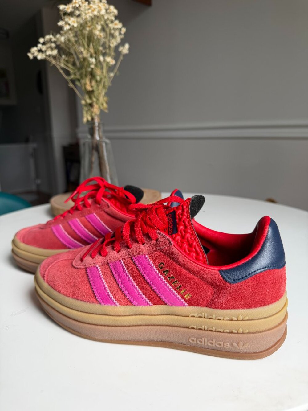 ADIDAS Red and Pink Gazelle Bold Platform Sneakers Shoes Size Women's 5